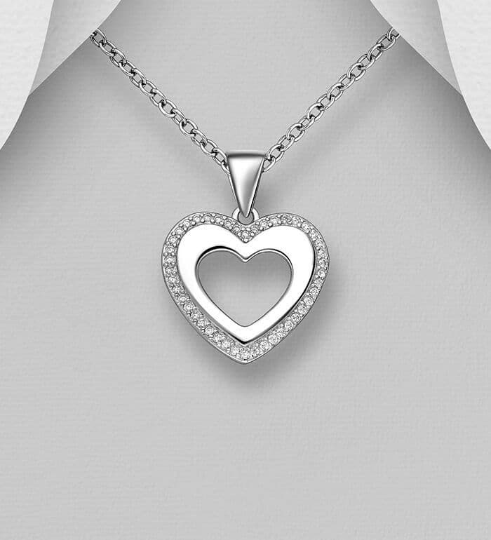 925 Sterling Silver Open Heart Pendant & Chain, Decorated with CZ Simulated Diamonds