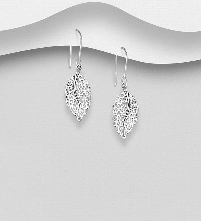 925 Sterling Silver Open Work Leaf Hook/Drop Earrings