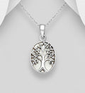 925 Sterling Silver Oval Shape Tree of Life Pendant & Chain Set  With White Mother of Pearl