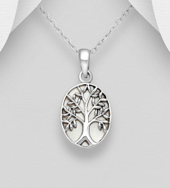 925 Sterling Silver Oval Shape Tree of Life Pendant & Chain Set  With White Mother of Pearl