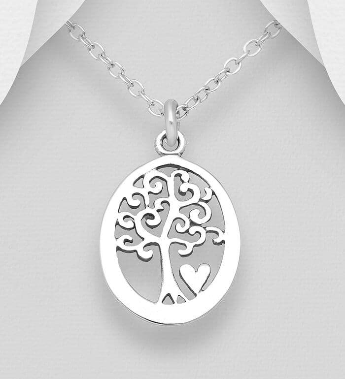 925 Sterling Silver Oval Tree of Life Pendant & Chain, With a Small Heart