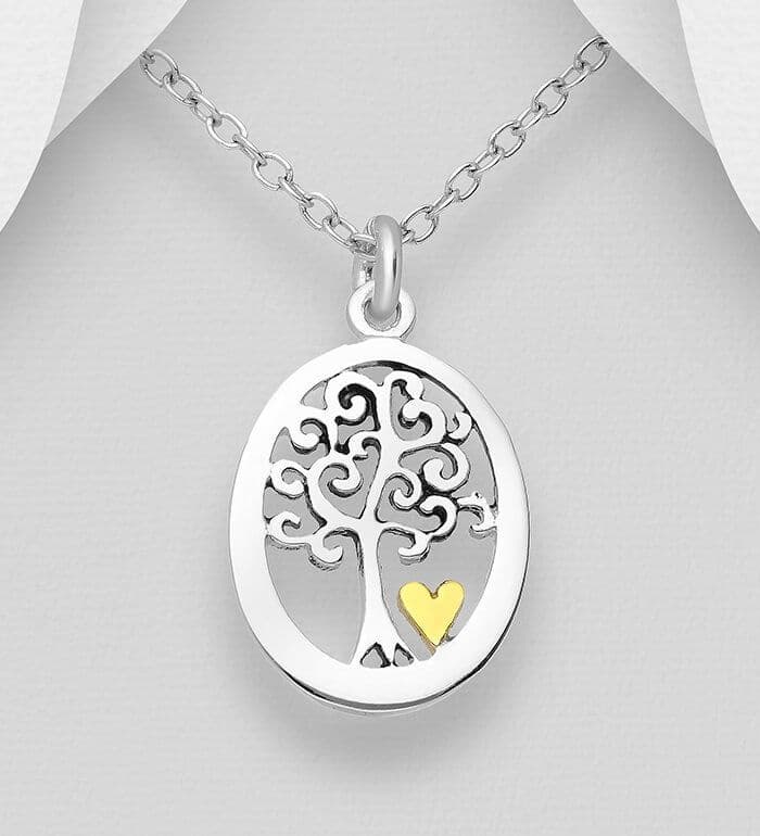 925 Sterling Silver Oval Tree of Life Pendant & Chain with Small Heart Plated with 18ct Gold