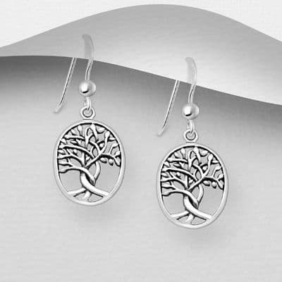 925 Sterling Silver Oxidised Oval Tree of Life Drop Earrings