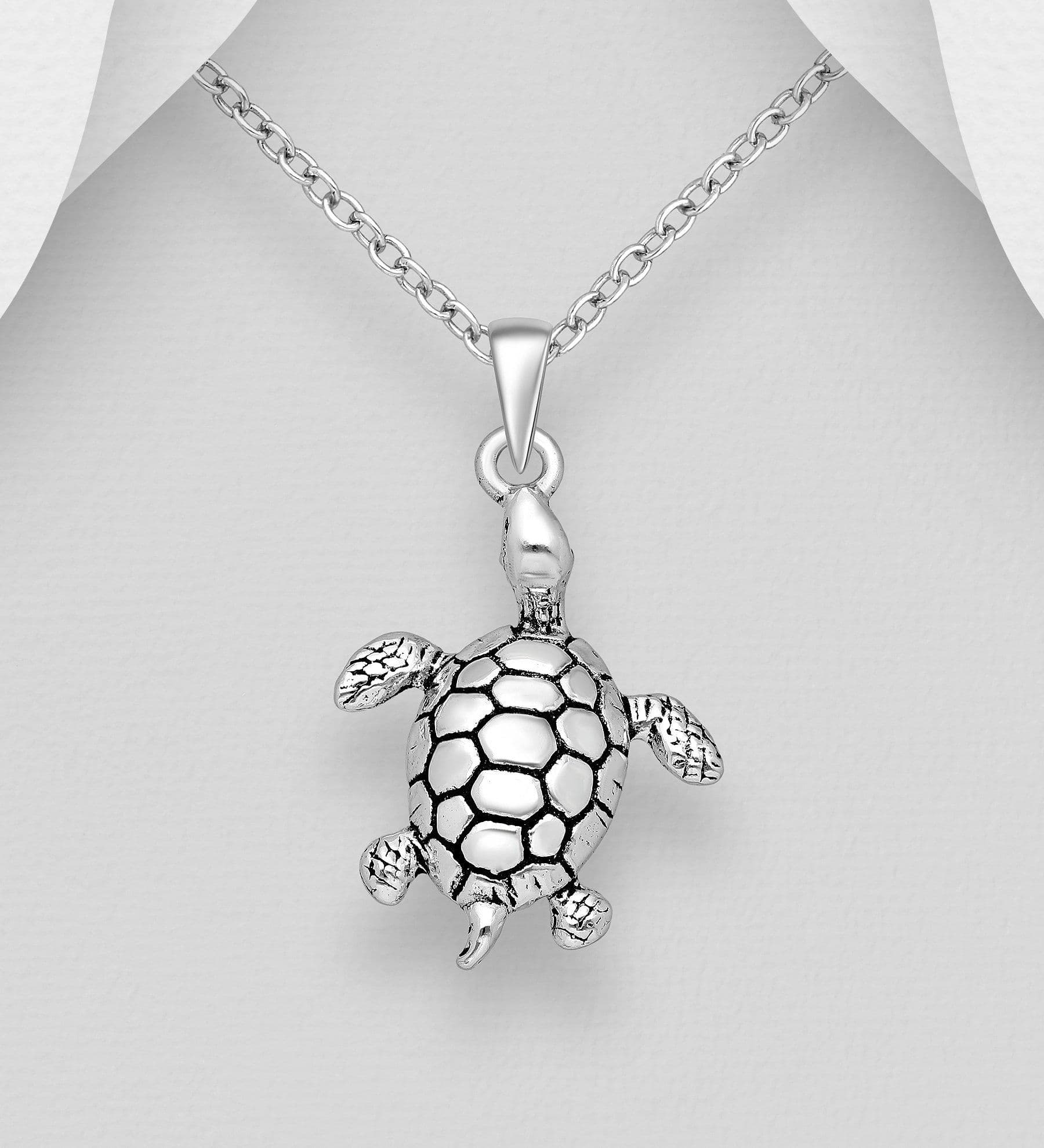 925 Sterling Silver Oxidised Turtle Pendant & Chain - Adorable