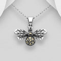 925 Sterling Silver Oxidized Bee Pendant & Chain Decorated with Marcasite