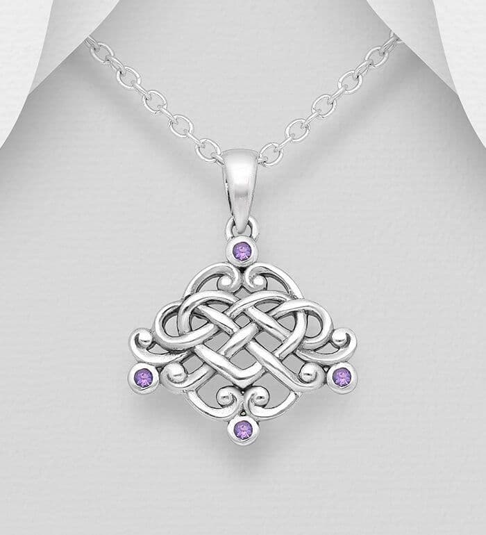 925 Sterling Silver Oxidized Celtic Heart Pendant & Chain, Decorated with Amethysts
