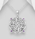 925 Sterling Silver Oxidized Celtic Pendant & Chain, Decorated with Amethysts