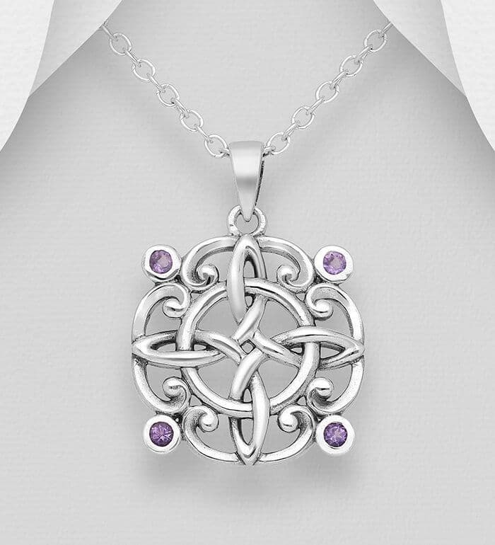 925 Sterling Silver Oxidized Celtic Pendant & Chain, Decorated with Amethysts