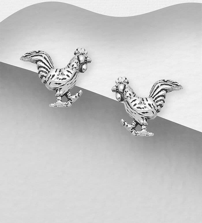 925 Sterling Silver oxidized Chicken Push-Back/Stud Earrings