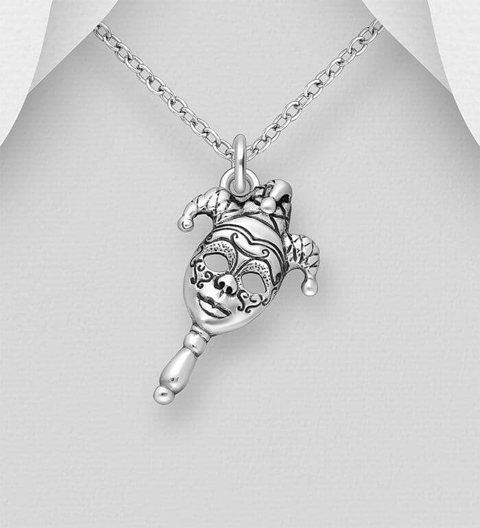 925 Sterling Silver Oxidized Designer Inspired Jester Mask Pendant & Chain
