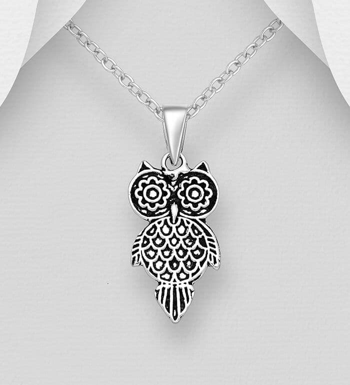 925 Sterling Silver Oxidized Engraved Owl Pendant & Chain