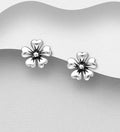 925 Sterling Silver Oxidized Flower With Heart Shaped Leaf Push-Back/Stud Earrings
