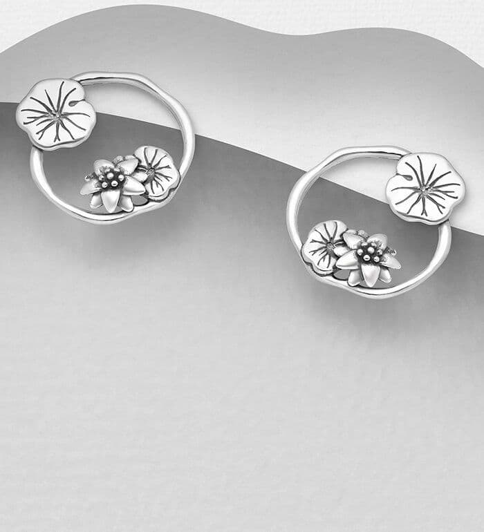 925 Sterling Silver Oxidized Lotus and Leaf Push-Back Earrings