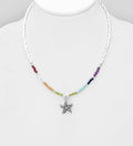 925 Sterling Silver Oxidized Starfish Necklace,  Beaded With Various Gem Stones