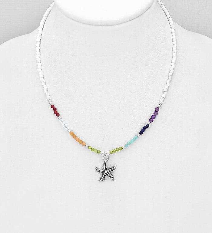 925 Sterling Silver Oxidized Starfish Necklace,  Beaded With Various Gem Stones