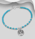 925 Sterling Silver Oxidized Tree of Life Bracelet, Beaded with Reconstructed Sky Blue Turquoise