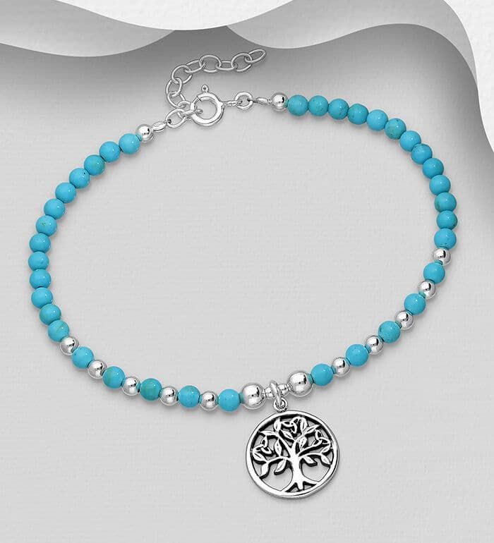 925 Sterling Silver Oxidized Tree of Life Bracelet, Beaded with Reconstructed Sky Blue Turquoise