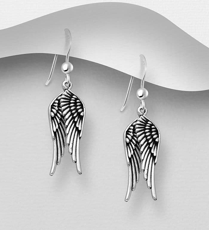 925 Sterling Silver Oxidized Wings Hook/Drop Earrings