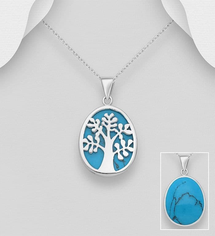 925 Sterling Silver Pear Shape Tree of Life Pendant & Chain Decorated With a Light Blue Stone