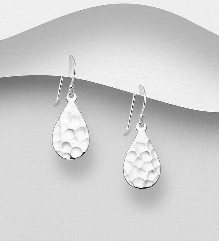 925 Sterling Silver Pear Shaped Hand Crafted Hammered Hook/Drop Earrings