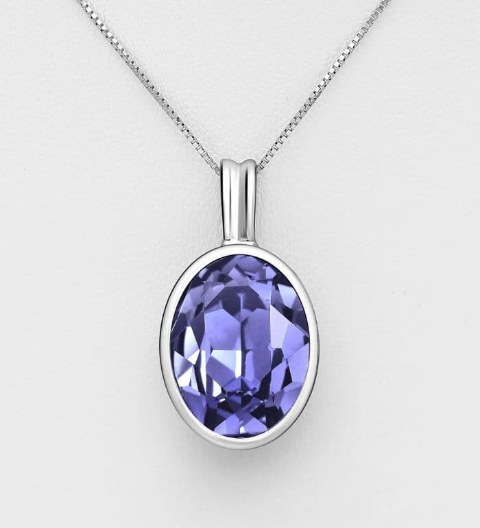 925 Sterling Silver Pendant & Chain, Adorned With An Exquisite Austrian Crystal In A Tanzanite Hue