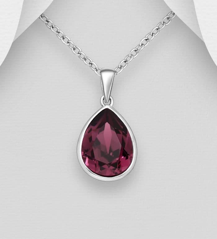 925 Sterling Silver Pendant & Chain Decorated with A Fine  Austrian Crystal With A Amethyst Hue