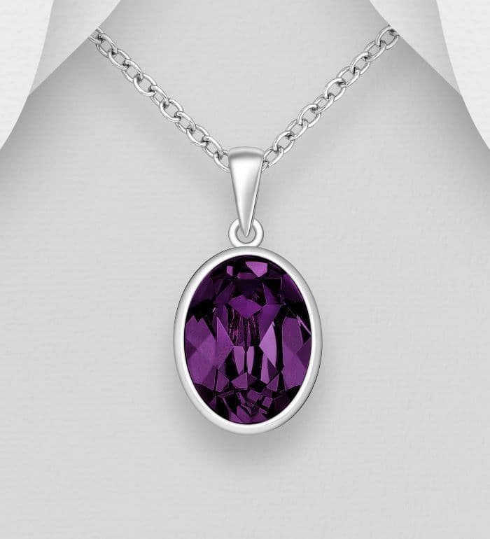 925 Sterling Silver Pendant & Chain Decorated with A Fine Oval Amethyst Austrian Crystal