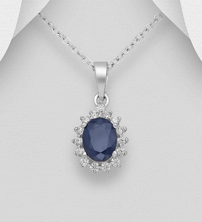 925 Sterling Silver Pendant & Chain, Decorated with a Real  Blue Sapphire and CZ Simulated Diamonds