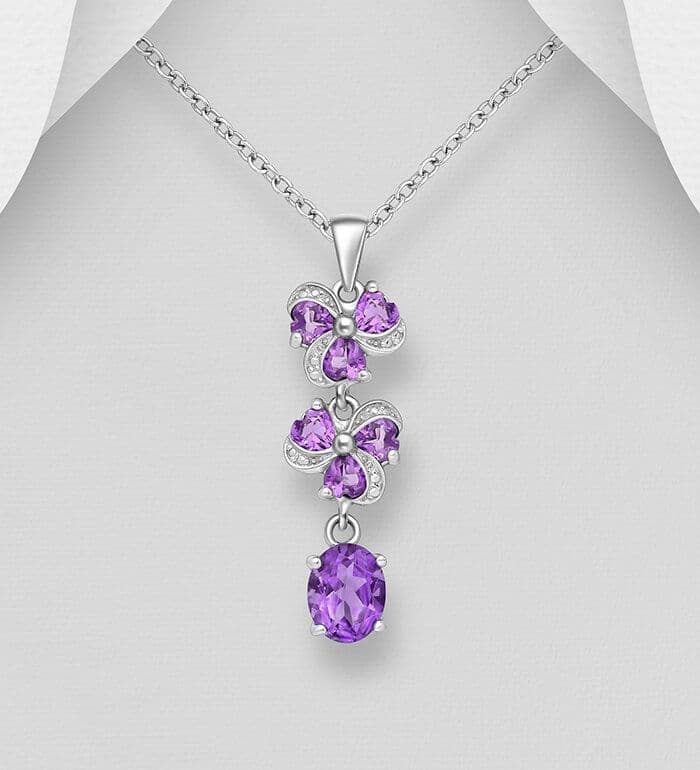 925 Sterling Silver Pendant & Chain, Decorated with Amethyst and Simulated Diamonds