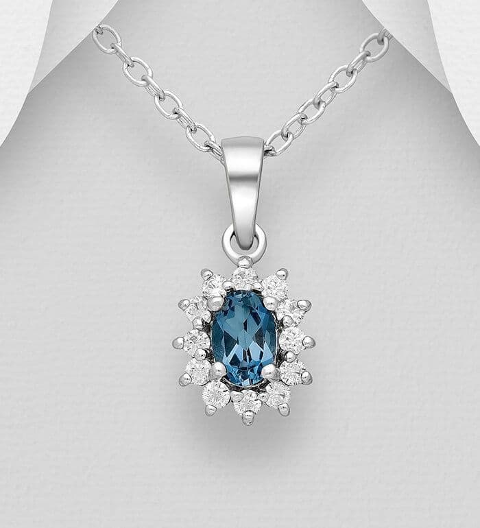 925 Sterling Silver Pendant & Chain, Decorated with London Blue Topaz and CZ Simulated Diamonds