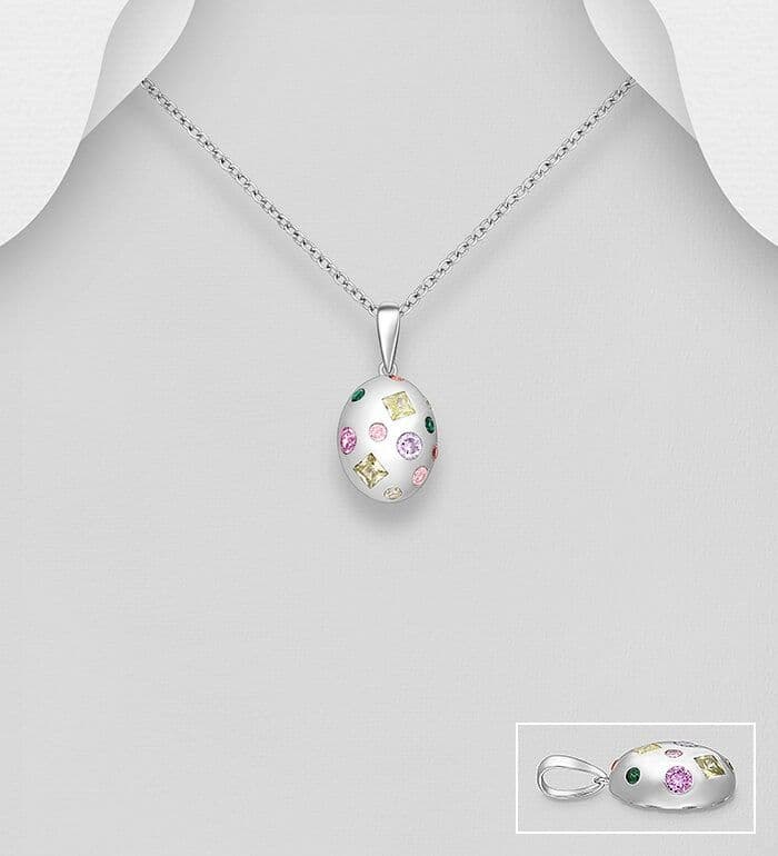 925 Sterling Silver Pendant & Chain, Hand Crafted with Colourful Simulated Gem Stones - Exclusive