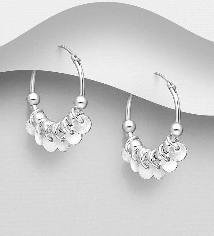 925 Sterling Silver Plain Disc Charm  Hoop Earrings