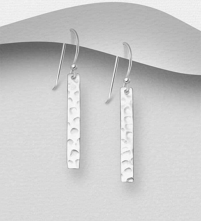 925 Sterling Silver Rectangle Hammered Bar Hook/Drop Earrings