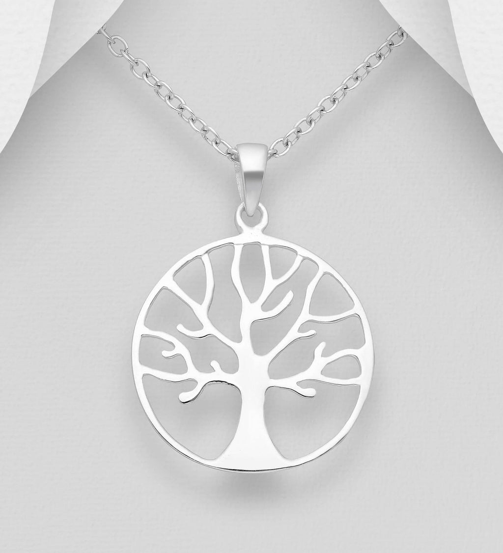 925 Sterling Silver Round Modern Tree of Life Pendant & Chain