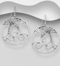 925 Sterling Silver Round Oxidized Hook Drop Earrings Featuring Coconut Tree, Birds and Waves
