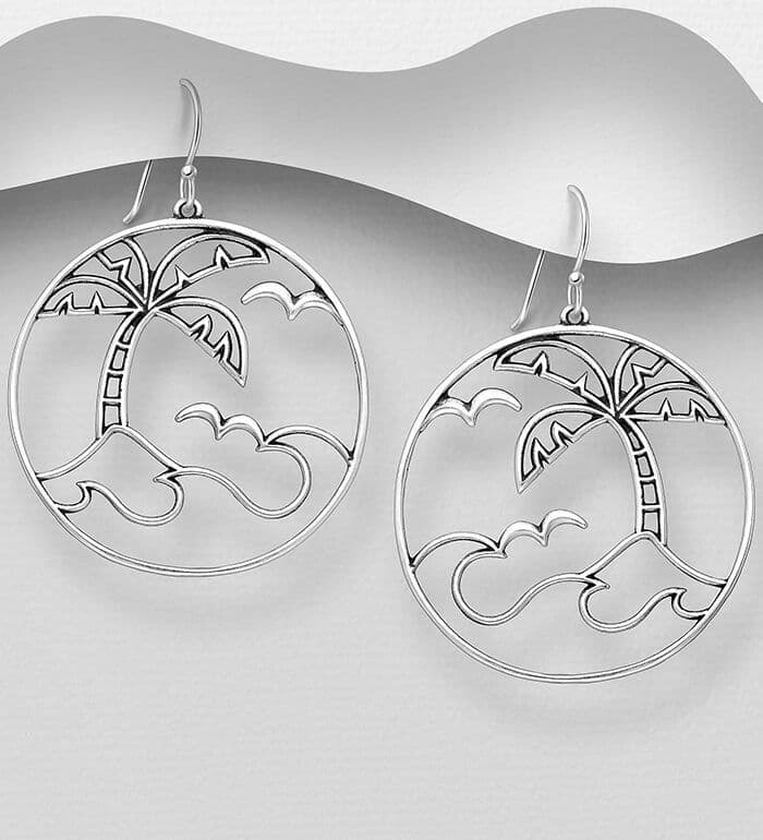 925 Sterling Silver Round Oxidized Hook Drop Earrings Featuring Coconut Tree, Birds and Waves