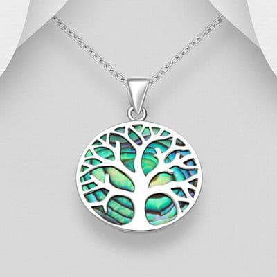 925 Sterling Silver  Round Tree of Life Pendant & Chain Decorated with Abalone Shell