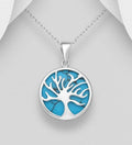 925 Sterling Silver Round Tree of Life Pendant & Chain Decorated With Turquoise  Stone.