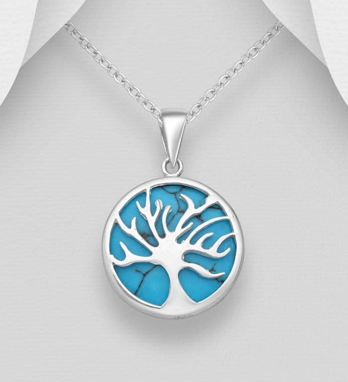 925 Sterling Silver Round Tree of Life Pendant & Chain Decorated With Turquoise  Stone.