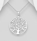 925 Sterling Silver Round Tree Of Life Pendant & Chain. The pendant features a polished finish,