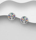 925 Sterling Silver Round Tree of Life Push-Back Earrings, Decorated with Colourful CZ  Stones