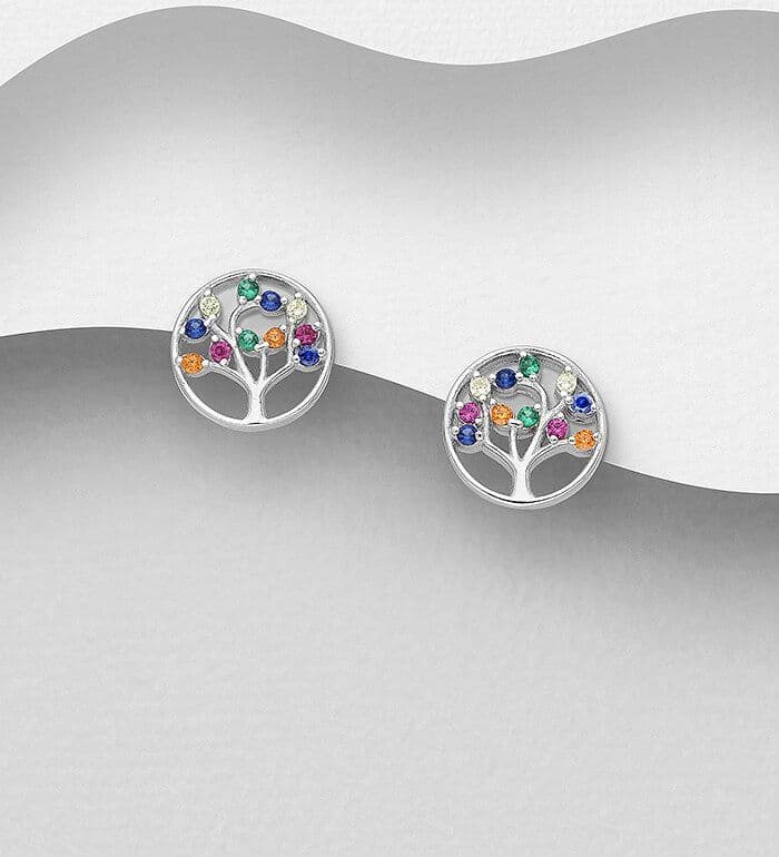 925 Sterling Silver Round Tree of Life Push-Back Earrings, Decorated with Colourful CZ  Stones
