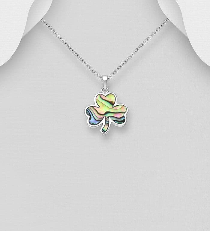 925 Sterling Silver Shamrock Pendant & Chain  Decorated with Iridescent Abalone Shell