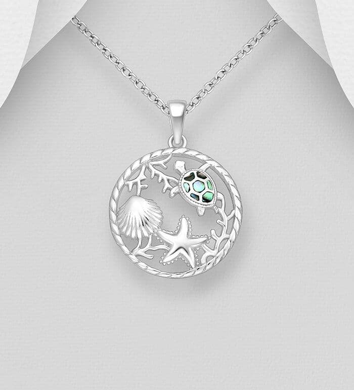 925 Sterling Silver Shell, Starfish Pendant & Chain and Turtle Decorated with Abalone Shell