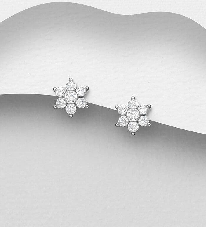 925 Sterling Silver Small Cute Flower Cluster  Earrings, Set with CZ Simulated Diamonds