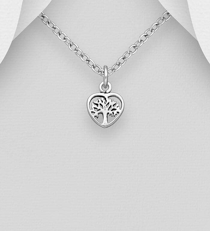 925 Sterling Silver Small Heart Tree Of Life Pendant & Chain