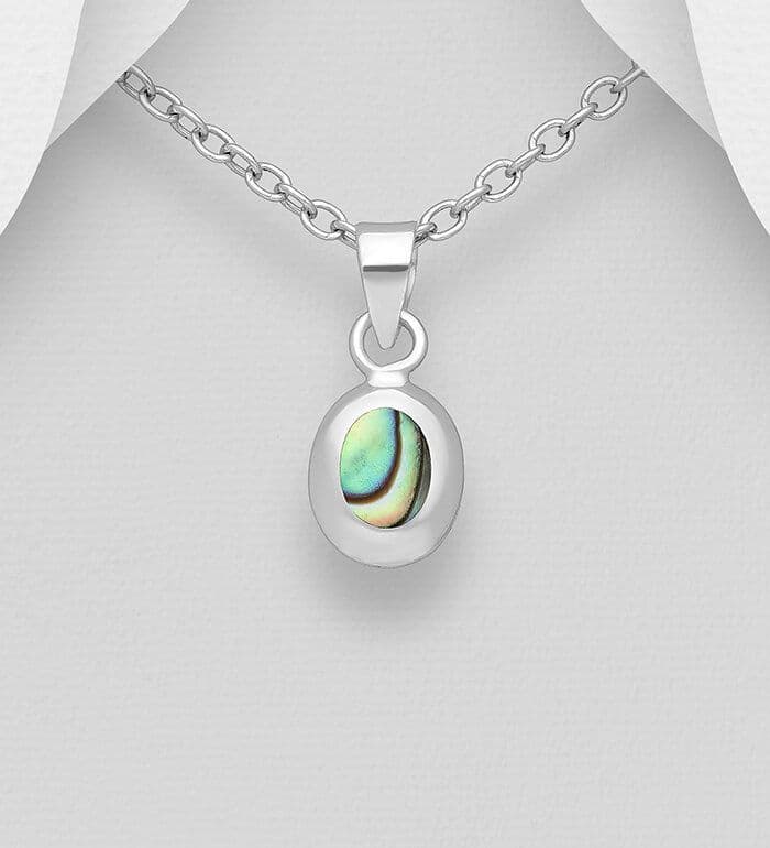 925 Sterling Silver Small Oval Pendant & Chain, Decorated with  Abalone Shell or Mother of Peal