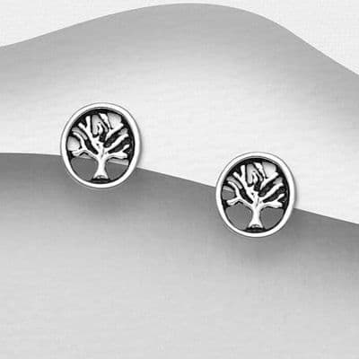 925 Sterling Silver Small  Oval Shaped Tree of Life Stud Earrings