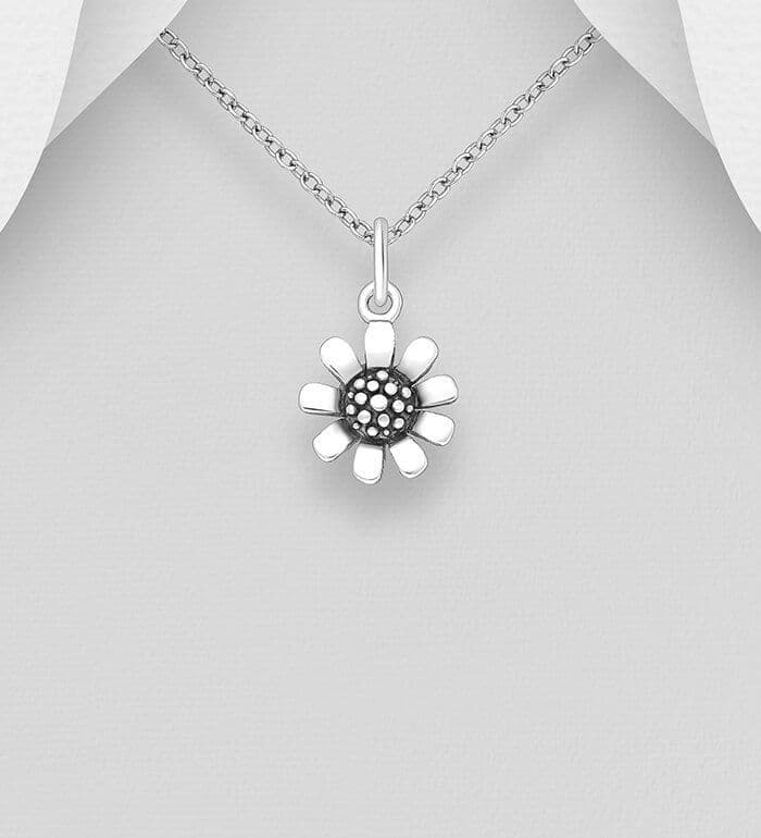 925 Sterling Silver Small Oxidized Flower Pendant & Chain