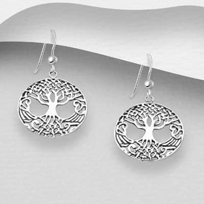 925 Sterling Silver Small  Round  Drop Tree of Life  Earrings